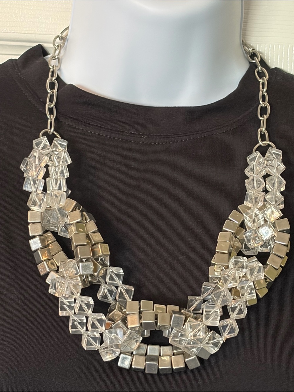 Clear Acrylic and Silver Metalic Cyber Futuristic  Block necklace